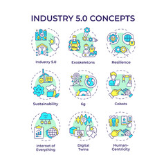 Industry 5 related multi color concept icons. Industrial revolution. Smart technologies. Resilienca and sustainability. Icon pack. Vector images. Round shape illustrations. Abstract idea