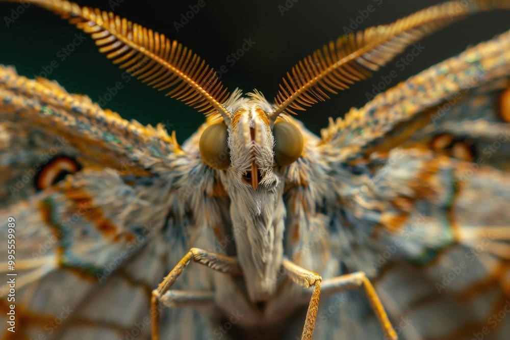 Aufkleber close-up view of a moth's intricate head structure, showcasing its large eyes and unique antennae in