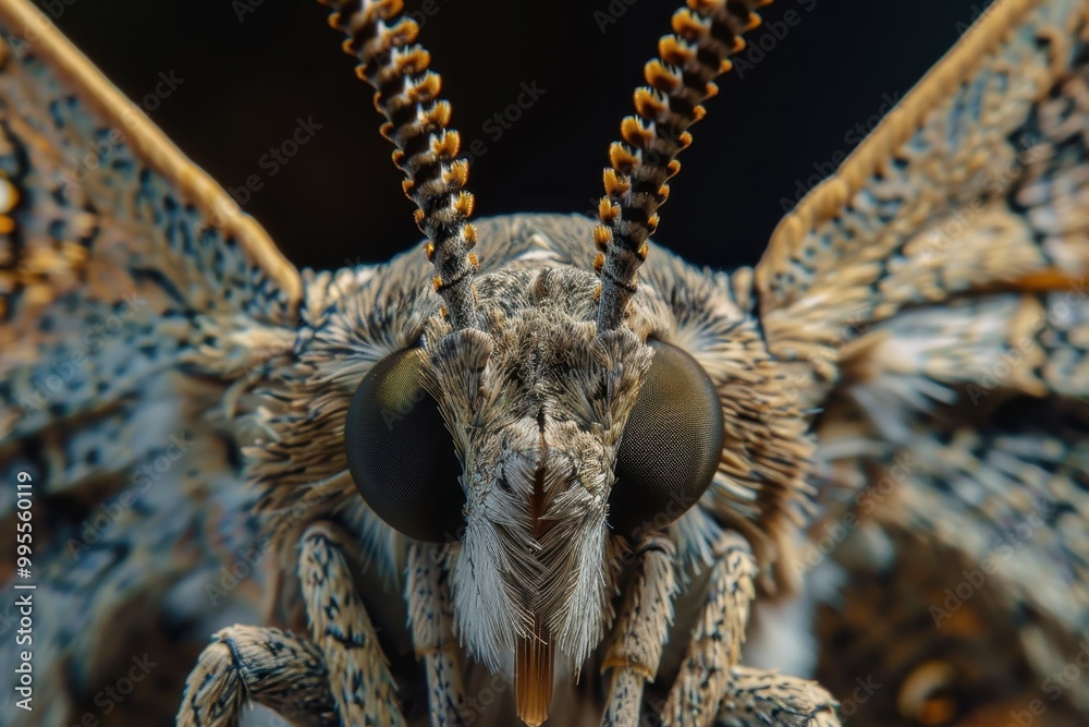 Aufkleber close-up view of a moth's intricate head structure, showcasing its large eyes and unique antennae in