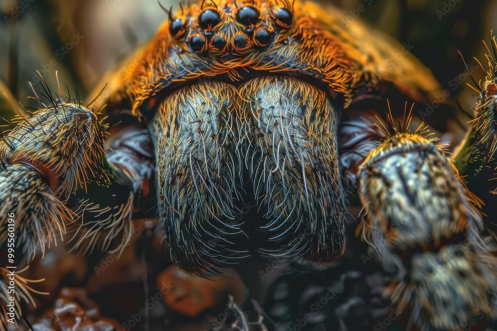 Poster Close-up view of a colorful spider with detailed fur patterns in its habitat, showcasing the intricate features of its body during daylight