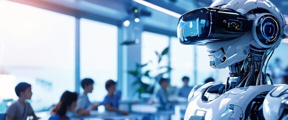 Fototapeta premium A highly advanced robot with a sleek design wears a virtual reality headset, standing in a modern, high-tech office environment. The futuristic design and innovative technology hint at the cutting