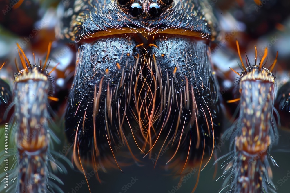 Poster Close-up view of a colorful spider with detailed fur patterns in its habitat, showcasing the intricate features of its body during daylight