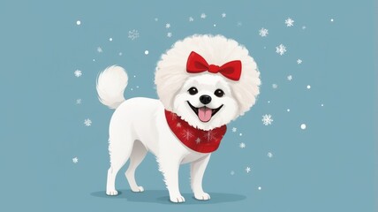 Fototapeta premium A cartoon white dog happily wearing a bright red scarf, looking playful and cheerful.