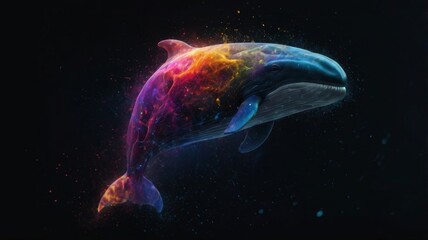 A vibrant whale covered in colorful paint swims gracefully in the ocean, showcasing its artistic design.