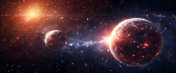 A captivating cosmic scene featuring two planets illuminated by distant stars, set against a backdrop of the deep universe. Ideal for space exploration themes, cosmic art, and science fiction visuals