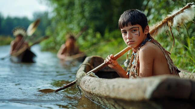 A young boy in native American attire paddles a canoe on a calm river, his serious expression reflecting the weight of his journey.