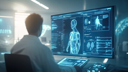 Doctor analysis the test result from MRI Scanner on computer. Medical report about health of patient on screen, data of analysis. Telemedicine. Computer scan of man. Full body check up. clinic