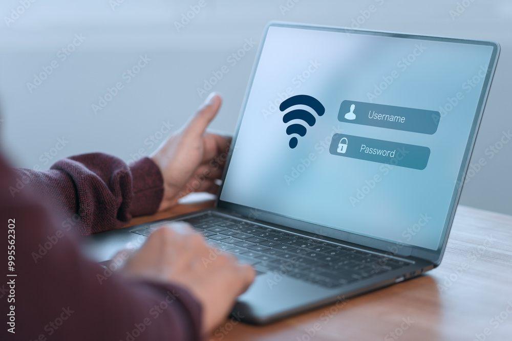Poster Person logs into a laptop using a Wi-Fi connection, entering a username and password. Technology concept of emphasizes internet access, online security, and personal data protection.