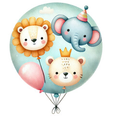Obraz premium A colorful balloon features adorable cartoon animals: a lion, elephant, and bear, perfect for children's parties and celebrations.