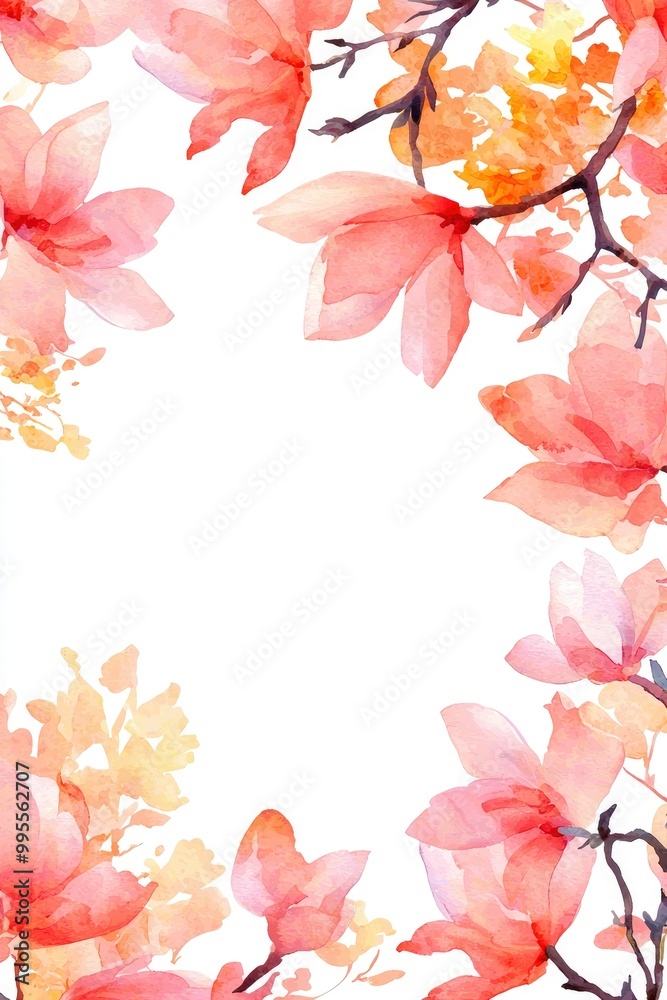 Wall mural Watercolor Floral Border with Pink Magnolia Blossoms