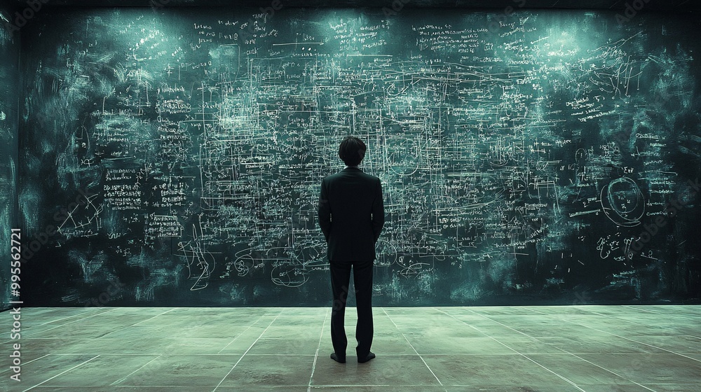 Poster A businessperson standing in front of a whiteboard full of goals plans and strategies representing thoughtful planning and self-development Large space for text in center Stock Photo with copy space