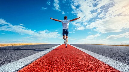 An athlete crossing the finish line of a race with joy and determination symbolizing hard work perseverance and success in achieving goals Large space for text in center Stock Photo with copy space