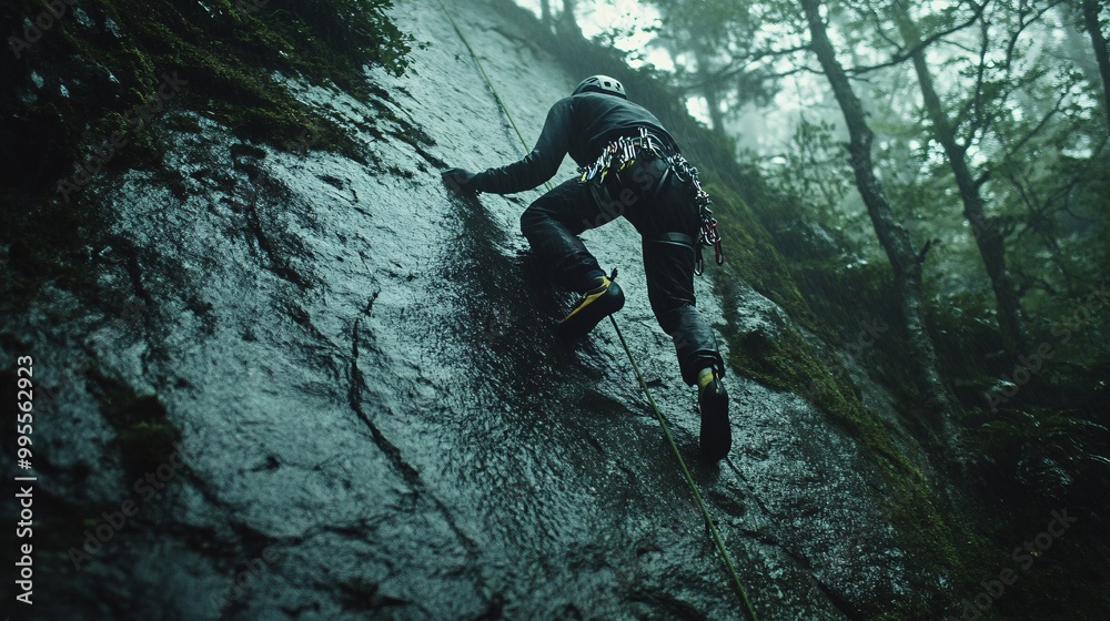 Poster A person climbing a steep rock face symbolizing overcoming challenges and personal development through determination and effort Large space for text in center Stock Photo with copy space