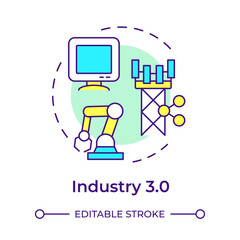 Industry 3.0 multi color concept icon. Third industrial revolution. Digital transformation. Computers. Round shape line illustration. Abstract idea. Graphic design. Easy to use in article