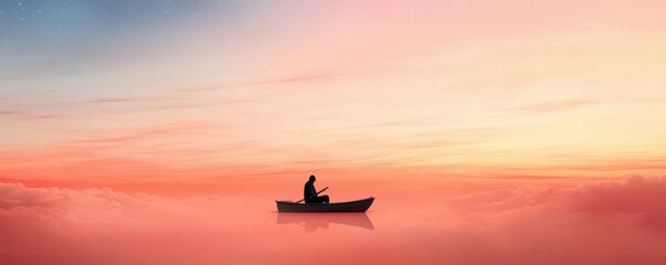 Surreal digital art of a man in a small boat, drifting among stars and clouds, blending night and sunset skies, lost in the cosmos