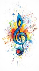 Colorful musical notes and treble clefs on a white background, vector illustration with space for text or message