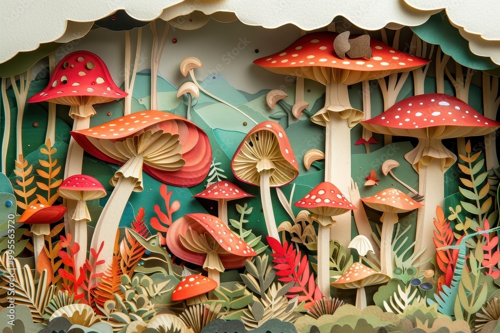 Poster a colorful and detailed paper art display of mushrooms and foliage set in a vibrant forest landscape