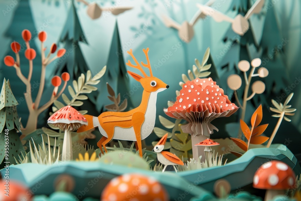 Aufkleber a colorful and detailed paper art display of mushrooms and foliage set in a vibrant forest landscape