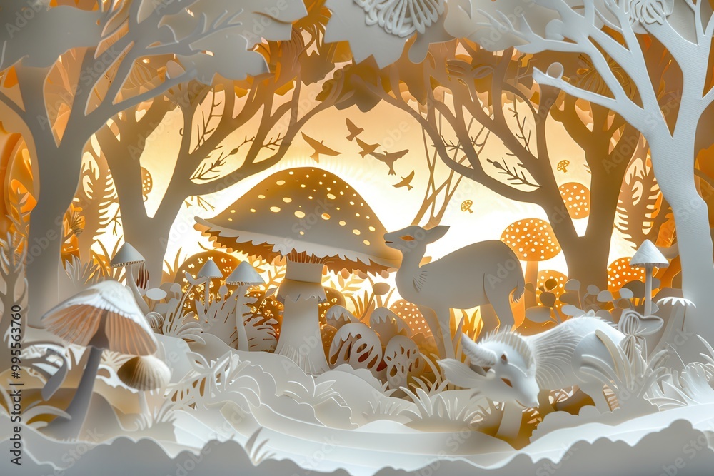 Poster a colorful and detailed paper art display of mushrooms and foliage set in a vibrant forest landscape