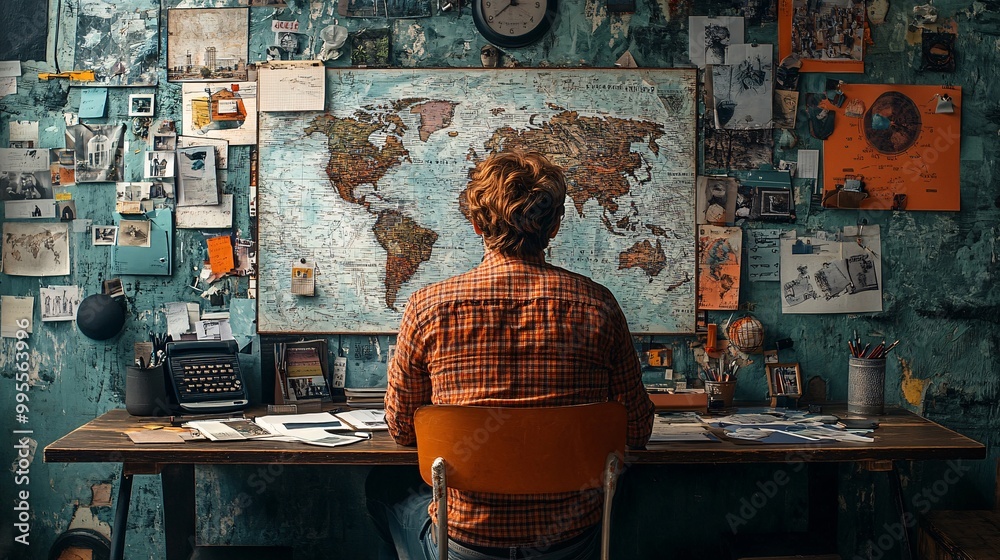 Poster A person sitting at a desk with a vision board full of inspiring images and goals representing the power of visualization in achieving success Large space for text in center Stock Photo with copy