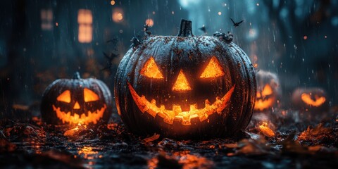 Fototapeta premium The Halloween fair glows with lights, music, and an air of the supernatural