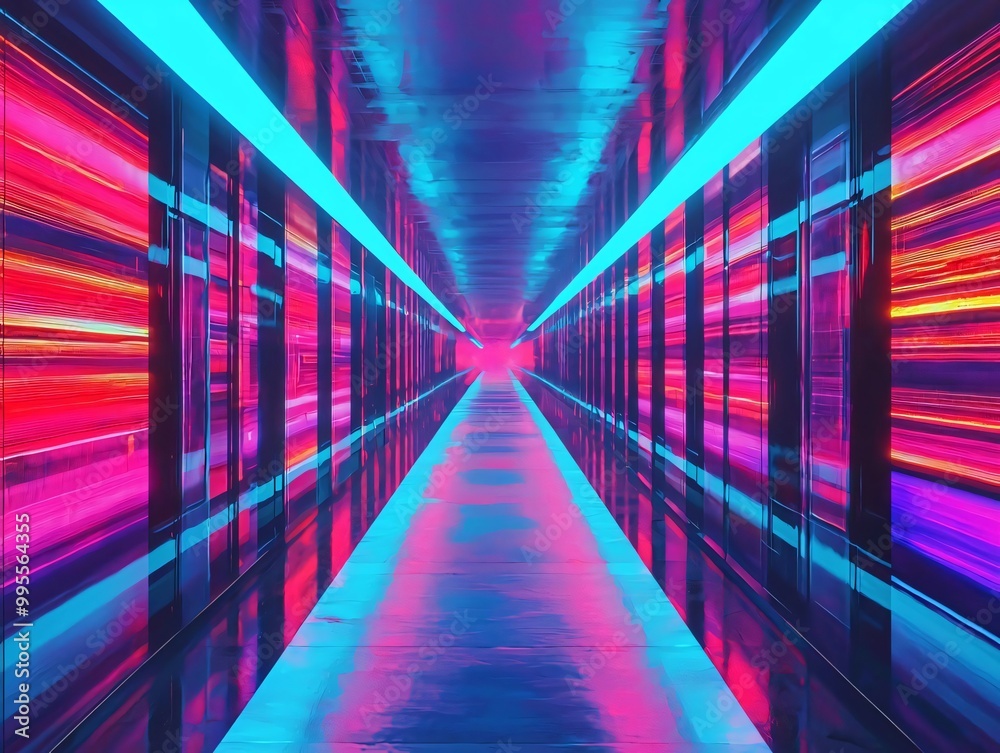 Sticker a vibrant, futuristic hallway illuminated with neon lights, creating a mesmerizing visual effect and