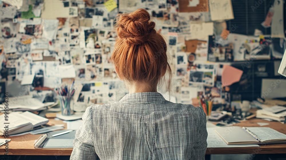 Poster A person sitting at a desk with a vision board full of inspiring images and goals representing the power of visualization in achieving success Large space for text in center Stock Photo with copy