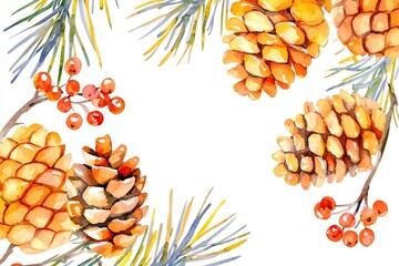 Watercolor Painting of Pine Cones and Berries