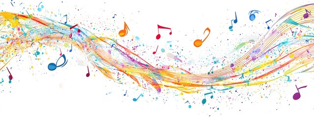 Colorful musical notes and treble clefs on a white background, vector illustration with space for...