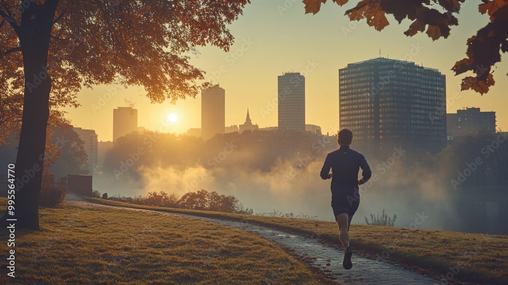 Aufkleber a runner training early in the morning with a sunrise in the background representing dedication pers