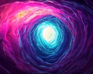 A vibrant swirl of colors, depicting a mystical tunnel leading to a bright light, evoking feelings of wonder and exploration.