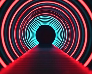 A vibrant tunnel illuminated by glowing red and blue neon lights, creating a mesmerizing and futuristic pathway.