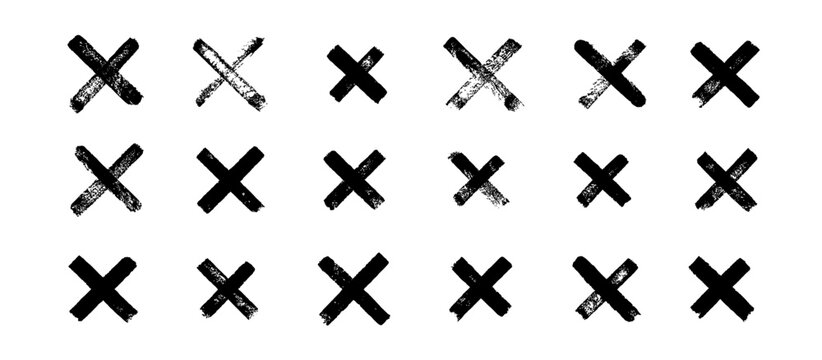 Black ink wrong signs on transparent bg. Black paint brush stroke crosses. Vector set of hand-painted Wrong icons. Abstract hand-drawn NO button for checkbox voting. Isolated disagree tick box symbols