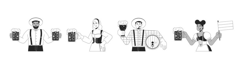 Diverse party guests enjoying oktoberfest black and white 2D line characters set. Positive adults with craft beer having fun isolated vector outline people. Monochrome spot illustrations collection
