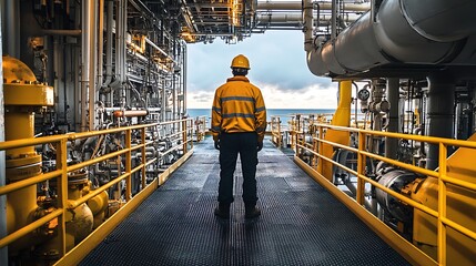 Marine Engineer on a Ship’s Deck A marine engineer standing on the deck of a large ship, looking out at the sea, with mechanical parts of the ship visible around them. 