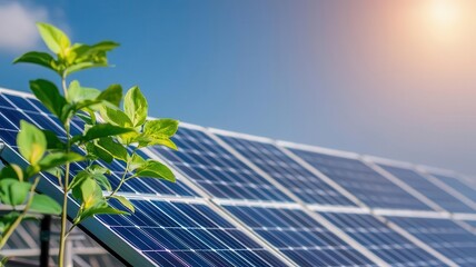 Green plant growing near solar panels against a clear blue sky