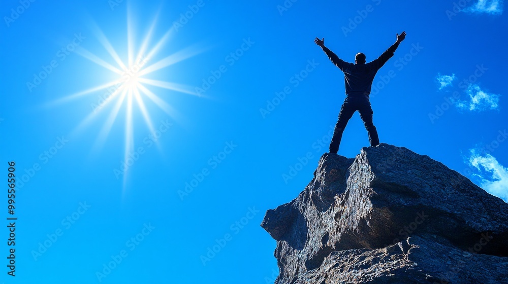 Aufkleber A person standing at the edge of a cliff with arms raised representing overcoming obstacles and achieving greatness Large space for text in center Stock Photo with copy space
