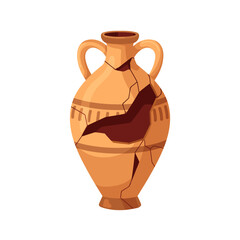 Old broken pottery, amphora. Ancient Greek vase, antique jug, clay pot with handles. Vintage vessels. Damaged crockery with breaches, holes. Flat vector illustration isolated on white background