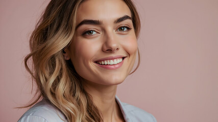 Naklejka premium Radiant Smile, Confident Beauty: A close-up portrait of a beautiful woman with long blonde hair, radiating warmth and positivity against a soft pink backdrop.
