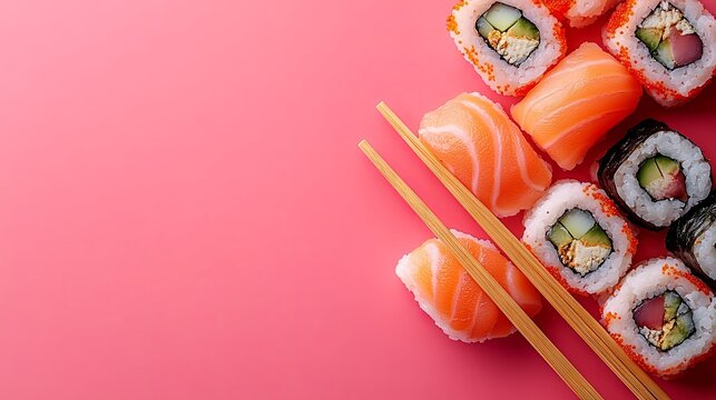 A flat lay of assorted sushi with chopsticks