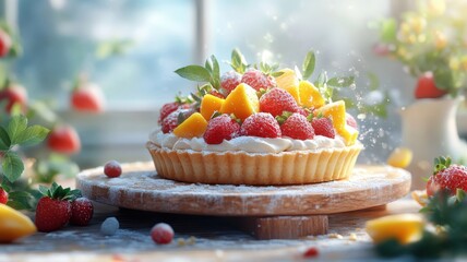 Naklejka premium Platter of fruit tarts on rustic wooden table, showcasing colorful variety.