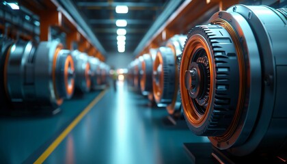 Close-up view of modern electric motors in a factory setting, showcasing advanced engineering and industrial design.