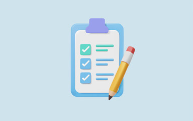White clipboard with checklist and pencil drawing ticks checking selection marks on sky blue background. Planning and organization of work. notepad, project plan, check marks. 3d Vector illustration