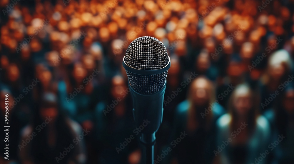 Poster A professional speaking confidently at a networking event symbolizing confidence growth in public speaking and career advancement Large space for text in center Stock Photo with copy space