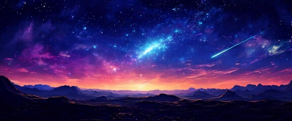 Fototapeta premium Stunning panoramic view of a night sky filled with vibrant stars, colorful nebulae, and a meteor streaking across the horizon. The tranquil mountains add depth to this cosmic scene, creating a serene