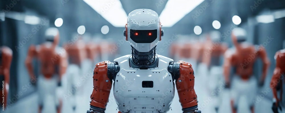 Poster futuristic robot stands in a high-tech environment with additional robots in the background, showcas