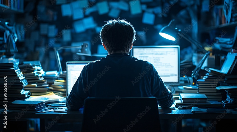 Poster a student sitting at a desk surrounded by books studying late at night symbolizing persistence learn
