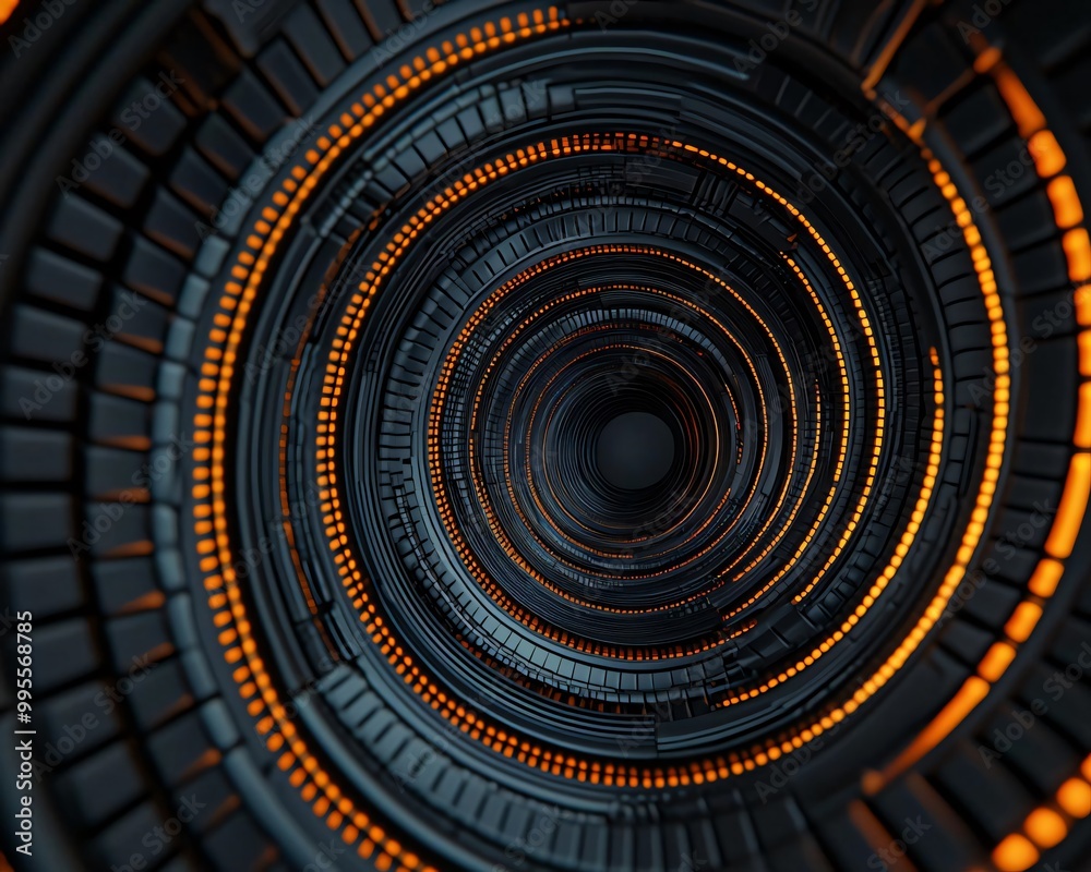 Wall mural futuristic tunnel with glowing orange lights and intricate patterns, creating a mesmerizing digital 