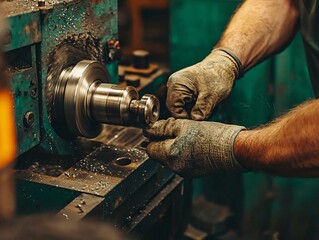 Hands of a worker finely operating a metal lathe, showcasing precision and craftsmanship in a workshop environment.