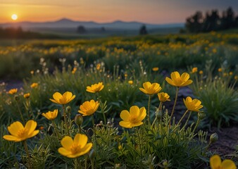 Fototapeta premium A field of flowers at dawn